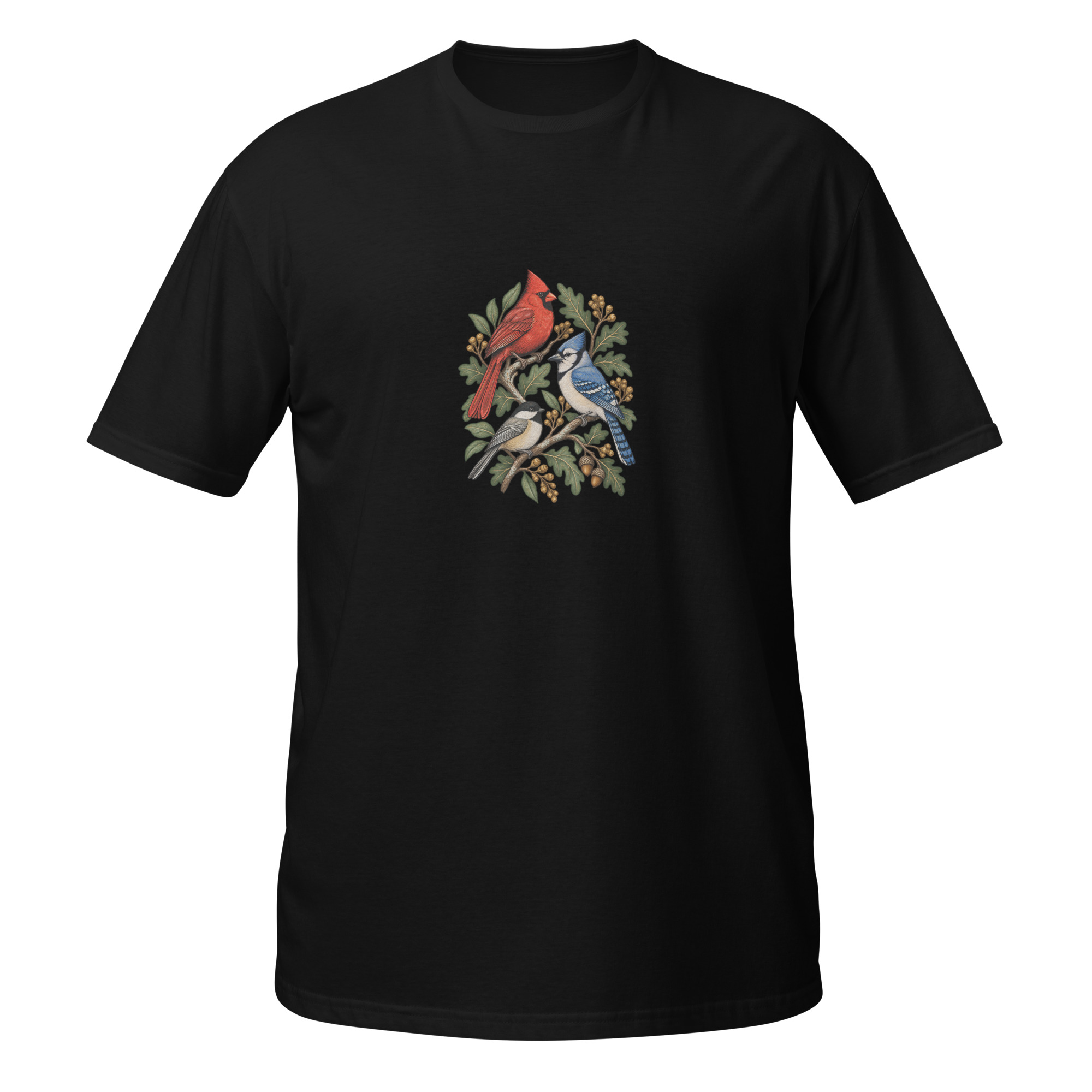 Black cotton T-shirt with a cardinal, blue jay and chickadee among oak branches