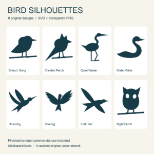 Eight dark teal decorative bird silhouettes in two rows on cream, with design names and file formats