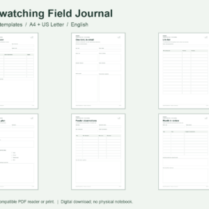 Reduced previews of six fillable birdwatching journal pages. A4 and US Letter PDFs; digital download, not a physical notebook.