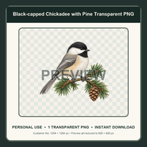 Reduced preview of a black-capped chickadee on pine transparent PNG illustration