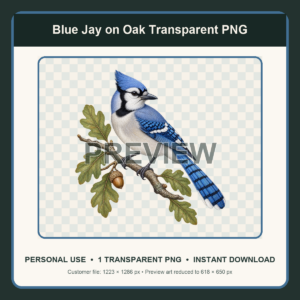 Reduced preview of a blue jay on an oak branch transparent PNG illustration