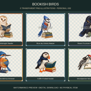 Reduced watermarked preview of six transparent bookish bird illustrations: owl, blue jay, raven, kingfisher, puffin and woodpecker