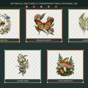 Reduced watermarked preview of five transparent botanical creature illustrations: bee, butterfly, moth, snake and frog
