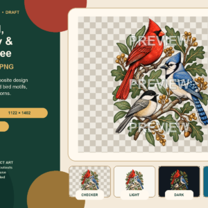 Reduced watermarked preview of a cardinal, blue jay and chickadee together among oak branches, leaves and acorns