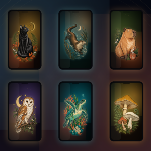 Preview of six celestial wildlife phone wallpapers displayed in phone frames