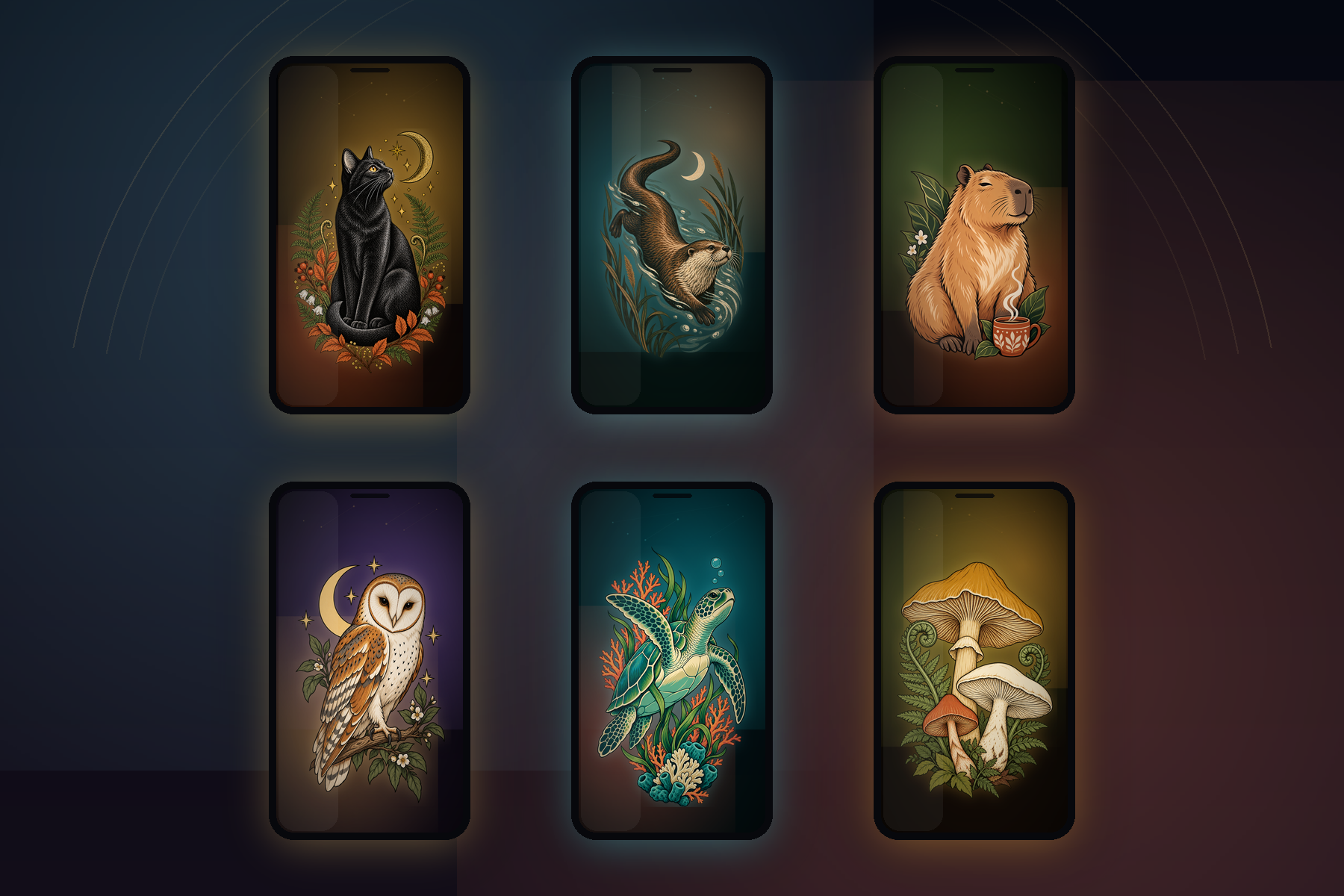 Preview of six celestial wildlife phone wallpapers displayed in phone frames