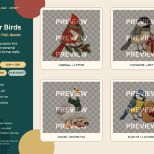 Four cozy winter bird illustrations: cardinal with letter, chickadee with gift, goose with tea, and blue tit with three gingerbread cookies