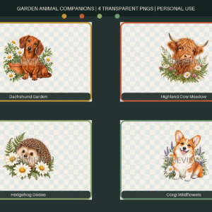 Reduced watermarked preview of four transparent garden animal illustrations: dachshund, Highland cow, hedgehog and corgi