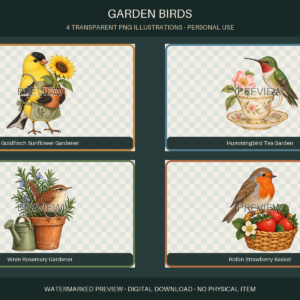 Reduced watermarked preview of four transparent garden bird illustrations: goldfinch, hummingbird, wren and robin