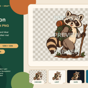 Reduced watermarked preview of a friendly raccoon hiker with a green backpack, orange rolled mat, walking stick and striped tail