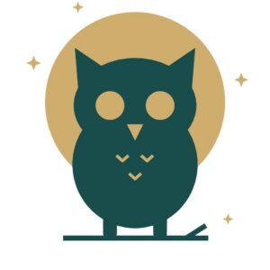 Original stylized teal owl with a gold moon and four stars; digital SVG and transparent PNG; white is the preview background