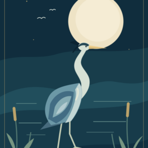Geometric pale wading bird among reeds under an ivory moon on a navy blue background