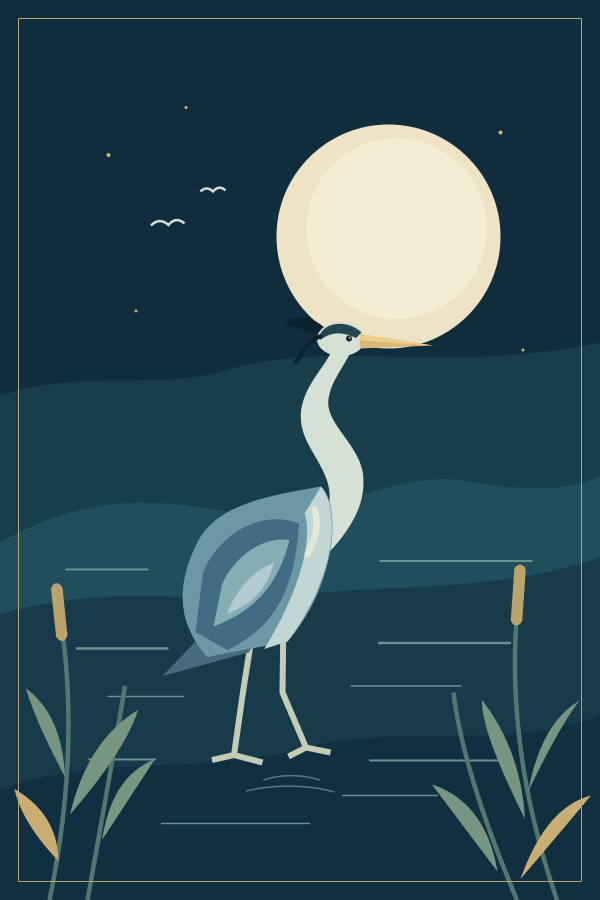 Geometric pale wading bird among reeds under an ivory moon on a navy blue background