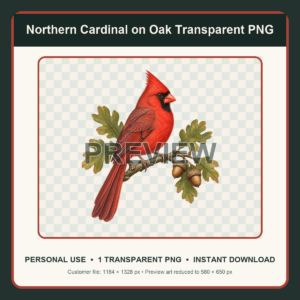 Reduced preview of a northern cardinal on an oak branch transparent PNG illustration