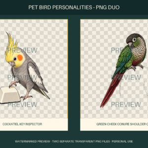 Reduced watermarked side-by-side preview of Cockatiel Key Inspector and Green-cheek Conure Shoulder Crew