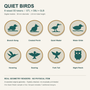 Eight raised bird tokens rendered from the supplied geometry, with a free Quiet Wader sample and STL OBJ GLB formats