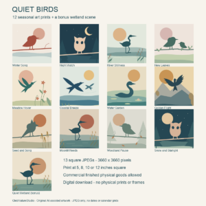 Twelve seasonal geometric bird scenes and a bonus wetland image, with names and square JPEG print dimensions