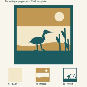 Flat vector reference of three square layers: a wading bird and reeds, moon and water, and backplate; individual layer previews below; no physical cutting test