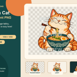 Reduced watermarked preview of one transparent illustration of an orange tabby enjoying ramen