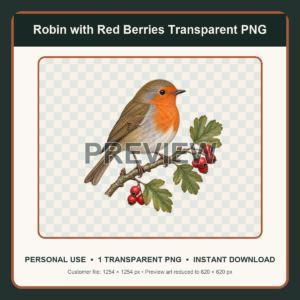 Reduced preview of a robin on a branch with red berries transparent PNG illustration