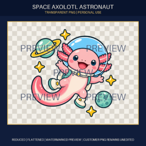 Reduced watermarked preview of a pink axolotl astronaut with planets and stars