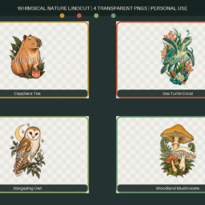 Reduced watermarked preview of four transparent linocut nature illustrations: capybara, sea turtle, owl and mushrooms