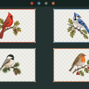 Preview of four botanical bird PNG illustrations: cardinal, blue jay, chickadee and European robin