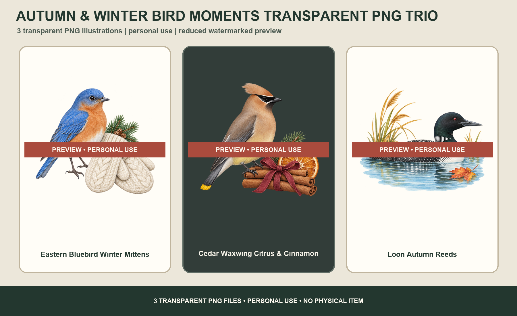 Watermarked preview of Eastern Bluebird Winter Mittens, Cedar Waxwing Citrus & Cinnamon, and Loon Autumn Reeds