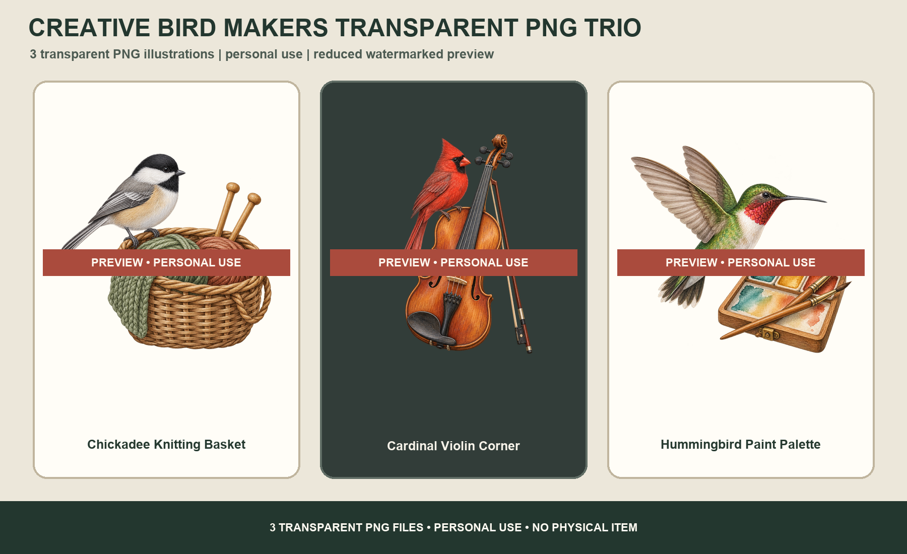 Watermarked preview of Chickadee Knitting Basket, Cardinal Violin Corner, and Hummingbird Paint Palette