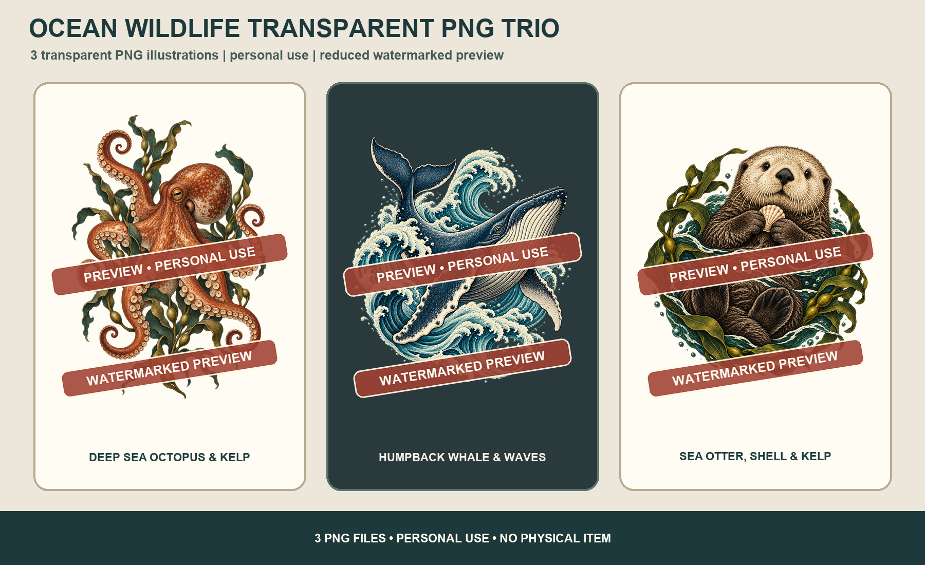 Watermarked preview of an octopus, humpback whale, and sea otter ocean wildlife PNG trio