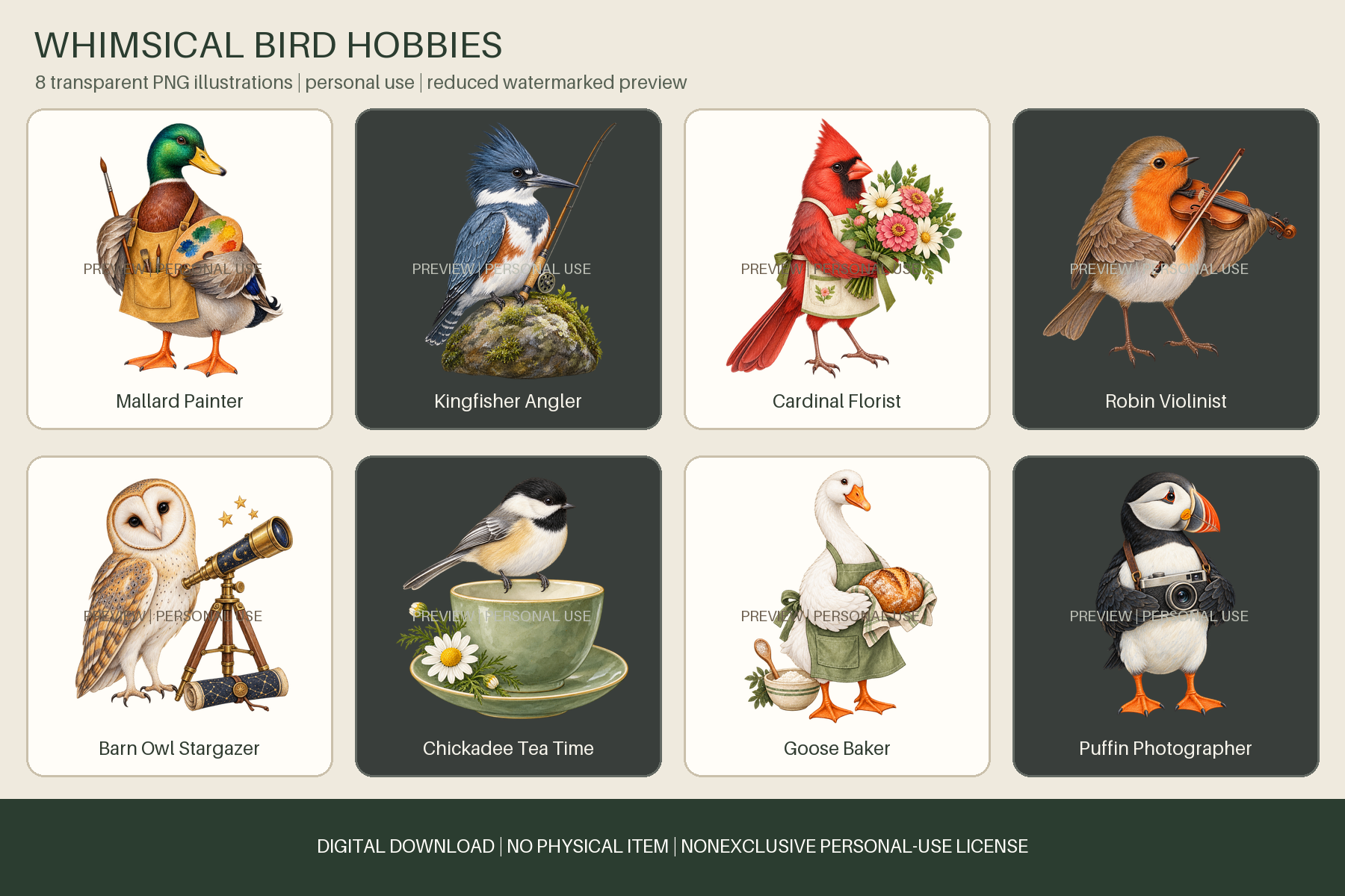 Watermarked grid preview of eight whimsical birds enjoying painting, fishing, flowers, music, astronomy, tea, baking and photography