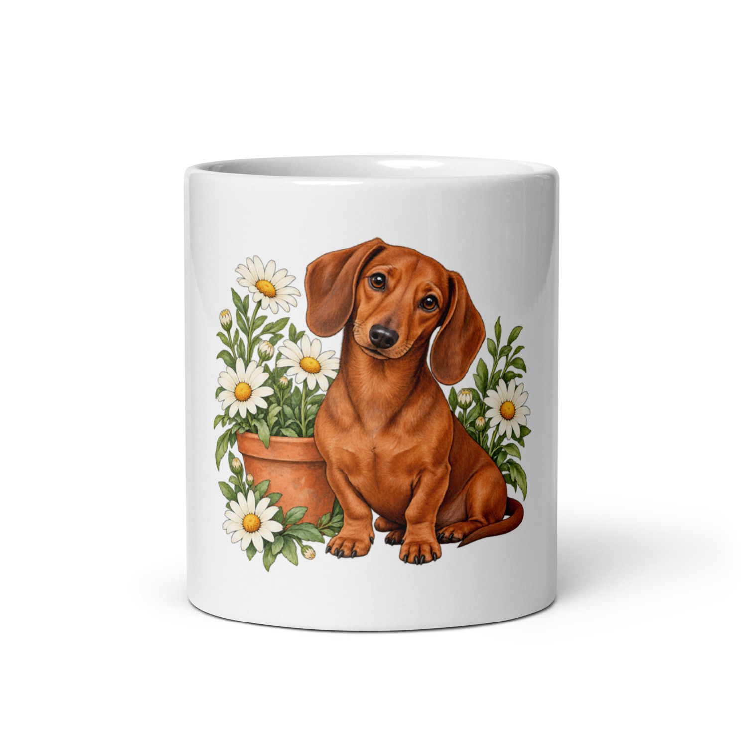 White ceramic mug showing a dachshund beside a flower pot; close view of the printed illustration