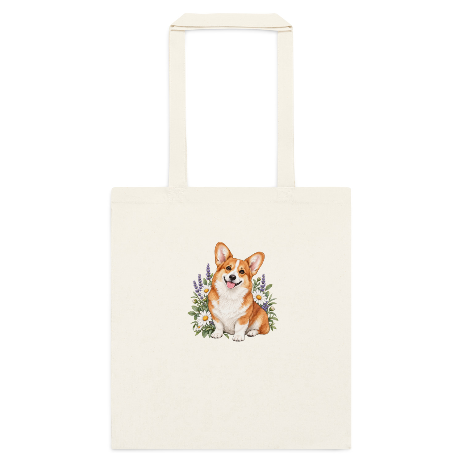 Natural cotton tote with an orange and white corgi and purple wildflowers