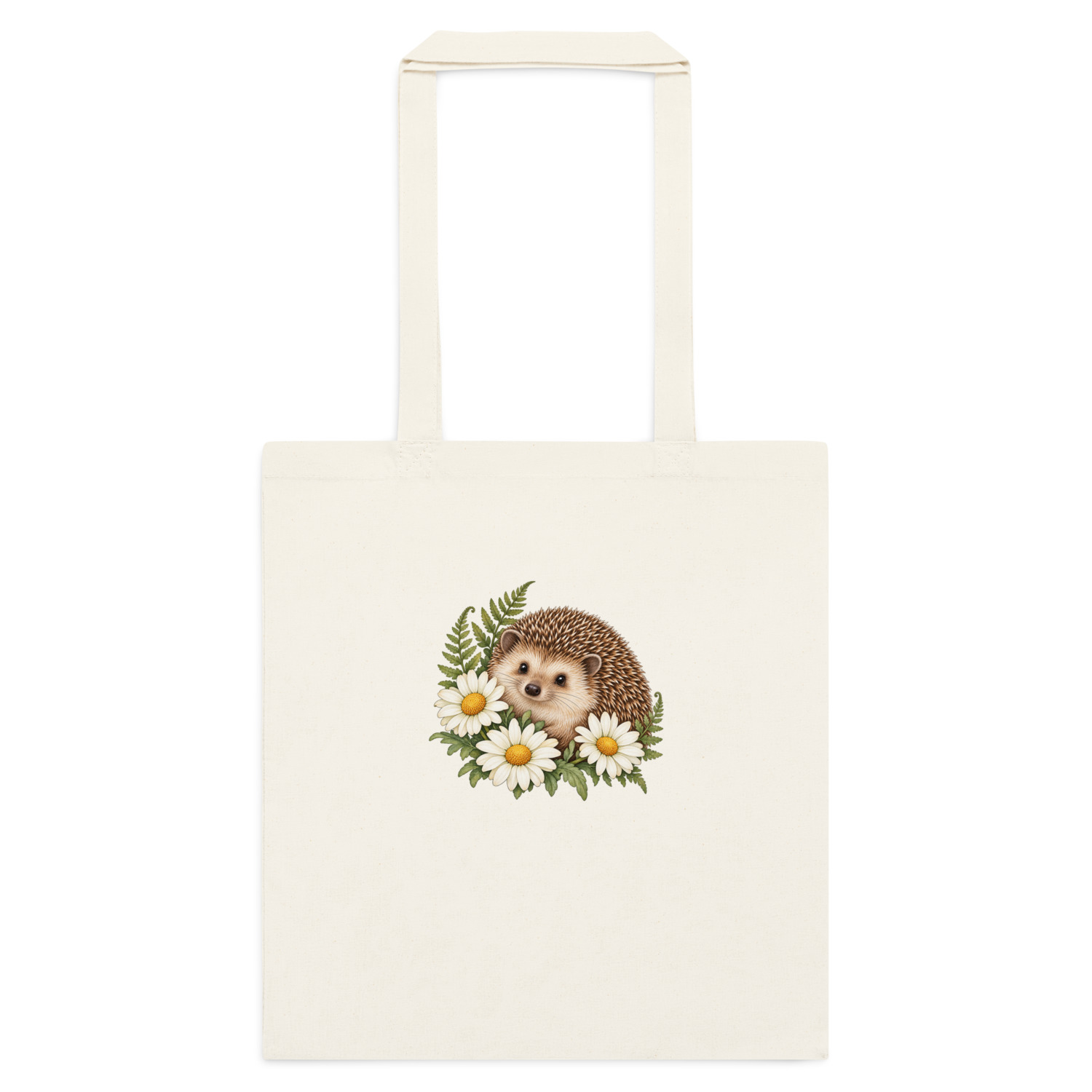 Natural cotton tote with a brown hedgehog surrounded by white daisies