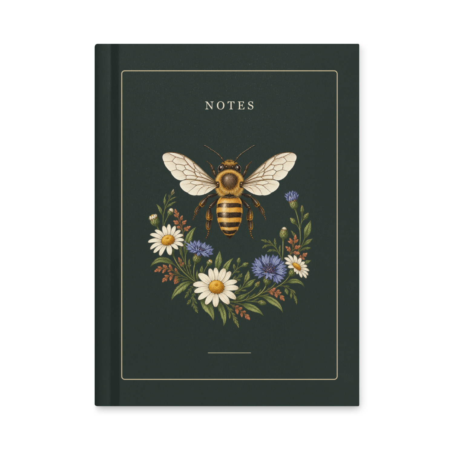 Deep green hardcover notebook with a honeybee, daisies and cornflowers inside a fine printed border