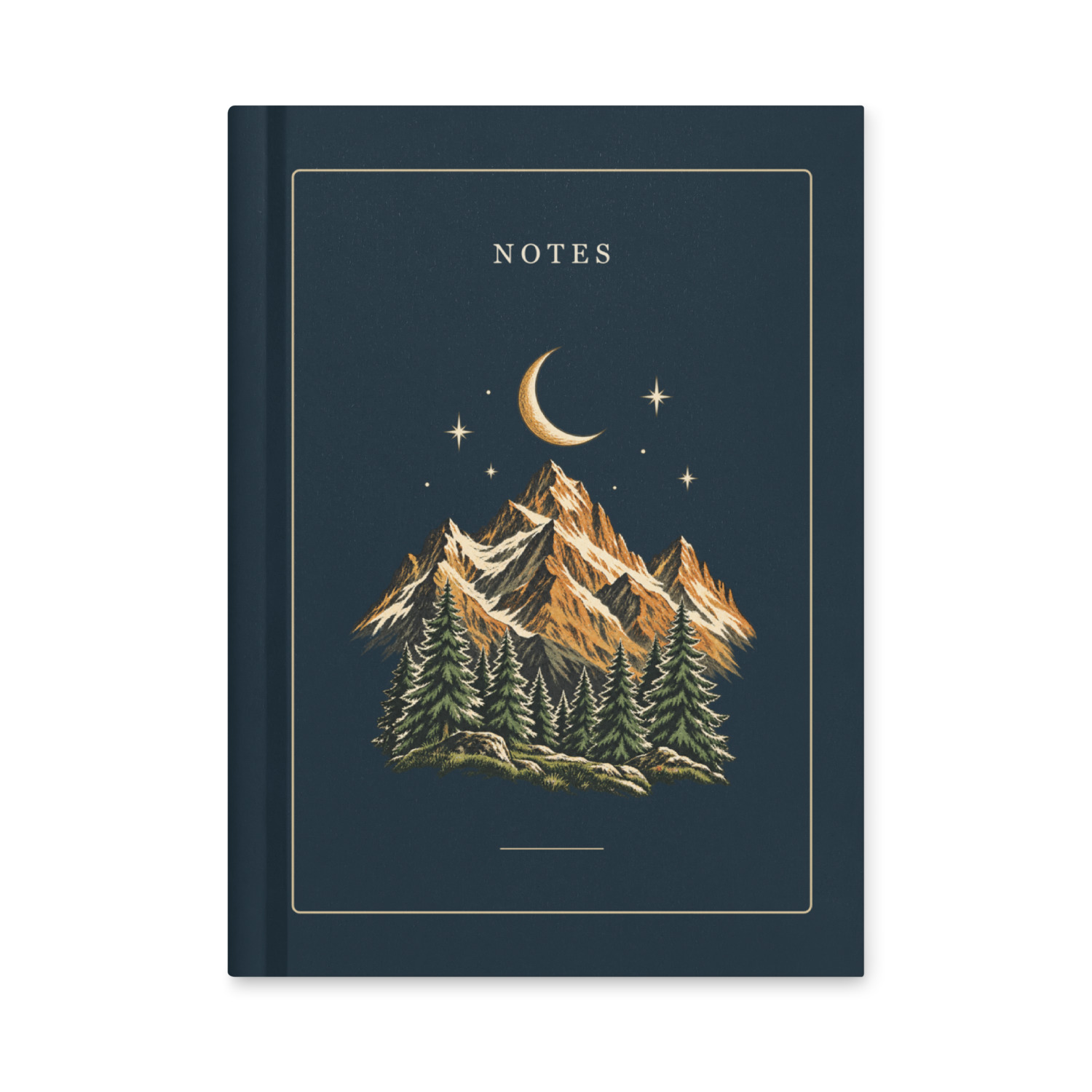 Navy hardcover notebook with golden mountains, evergreen trees and a crescent moon