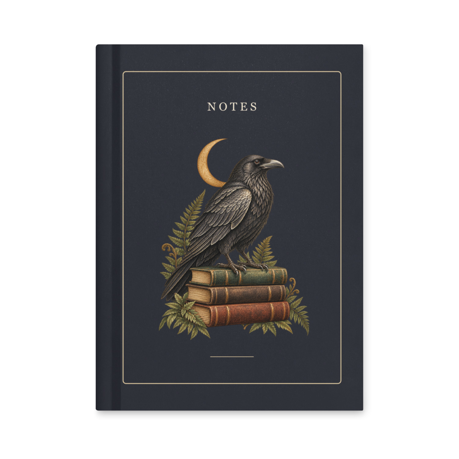 Midnight hardcover notebook with a raven perched on books beneath a crescent moon