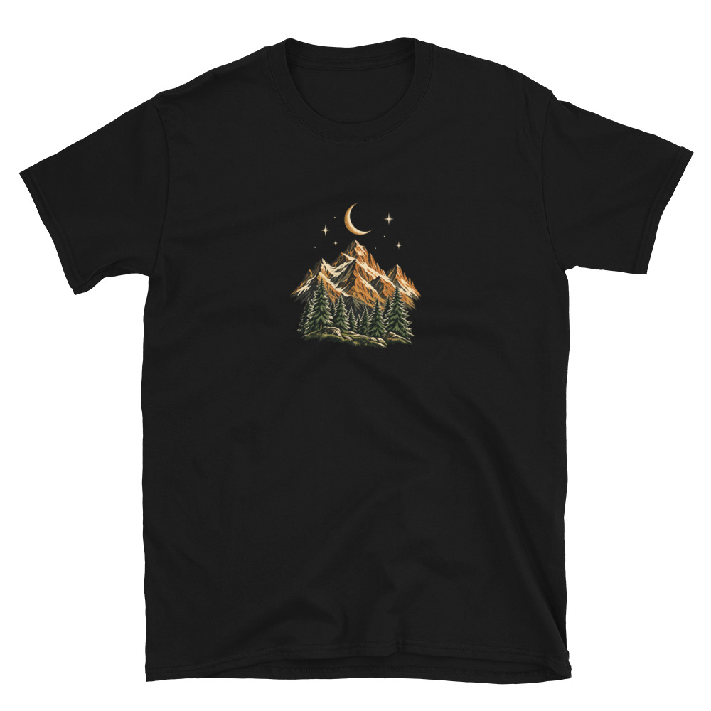 Black short-sleeve shirt with mountains, evergreen trees and a golden crescent moon printed at the chest