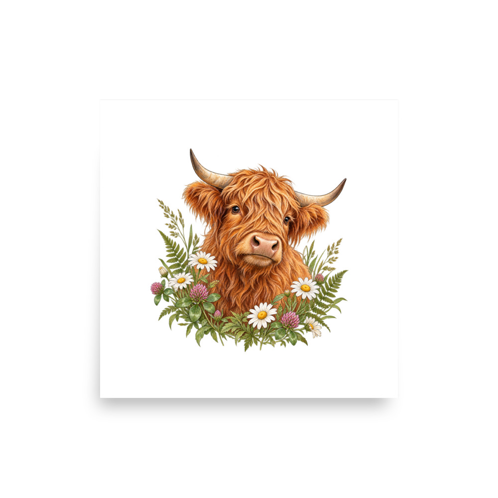 Unframed square white paper print with a Highland cow and meadow flowers, surrounded by a white border
