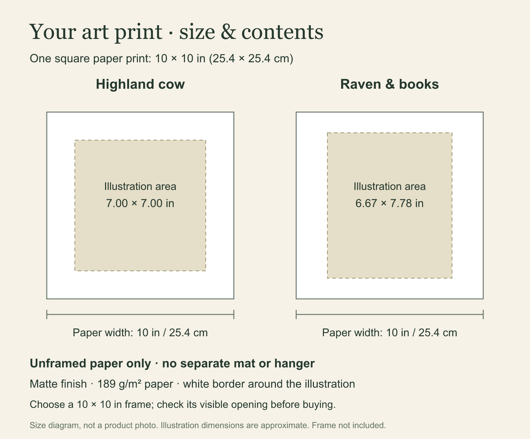 Diagram comparing a 10 by 10 inch sheet with a 7 by 7 inch cow illustration and a 6.67 by 7.78 inch raven illustration