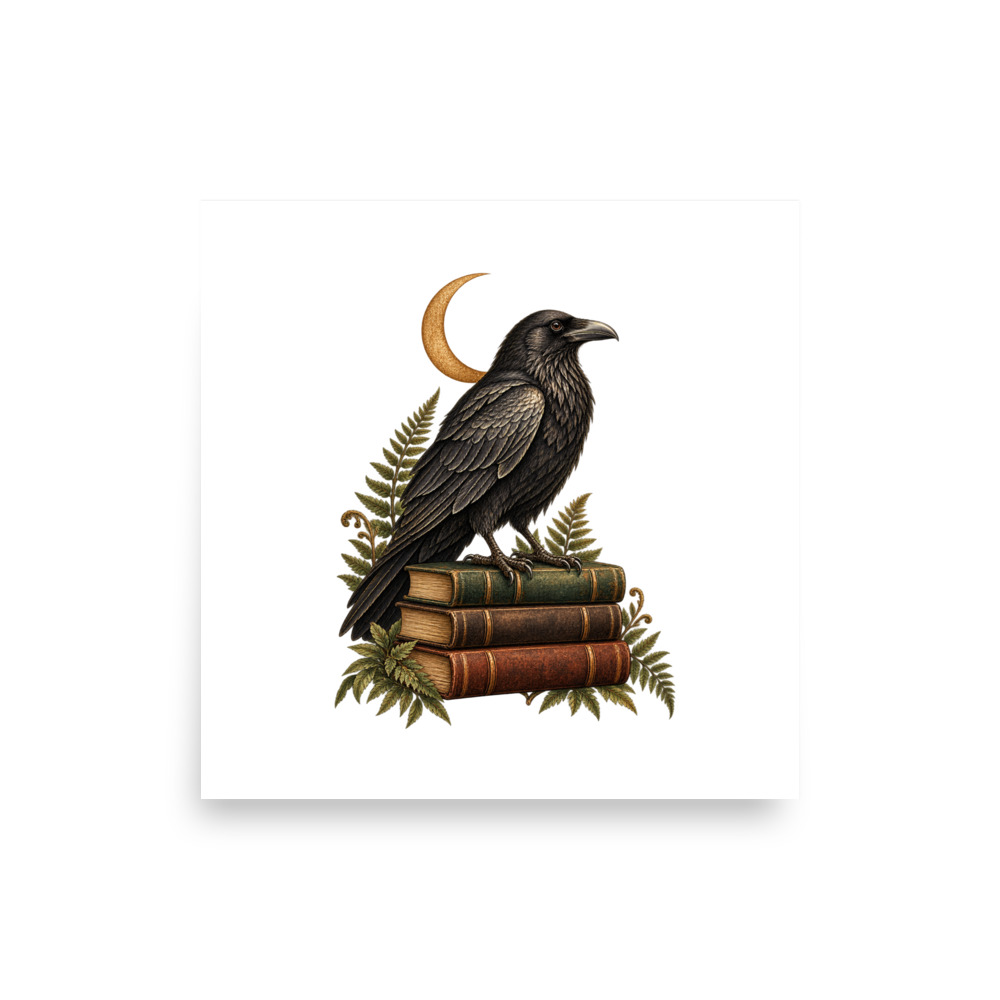Unframed square white paper print with a raven perched on books, a crescent moon and ferns, surrounded by a white border