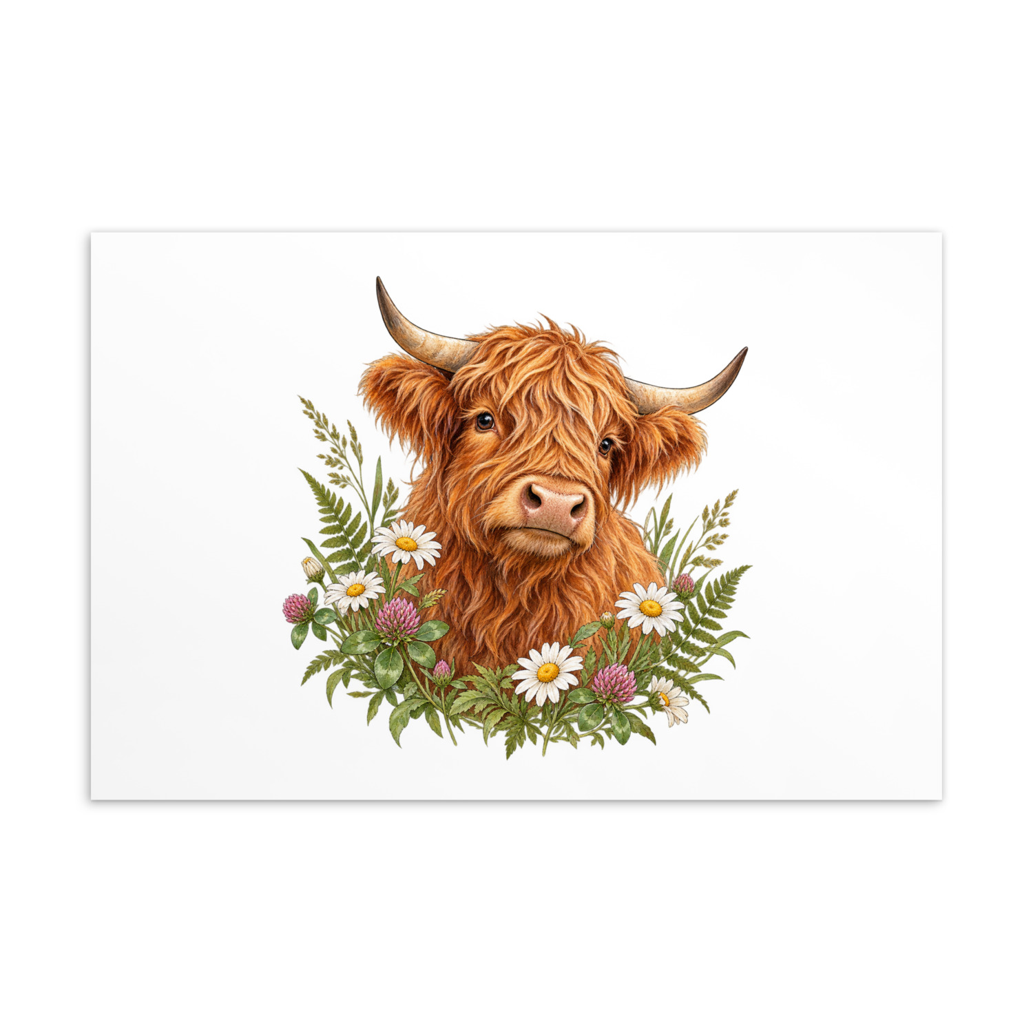 Supplier mockup of one flat postcard from the three-card set showing a shaggy Highland cow with daisies, clover and greenery