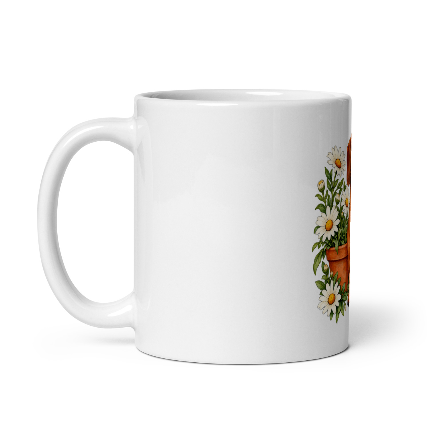 White ceramic mug showing a dachshund beside a flower pot; opposite handle view