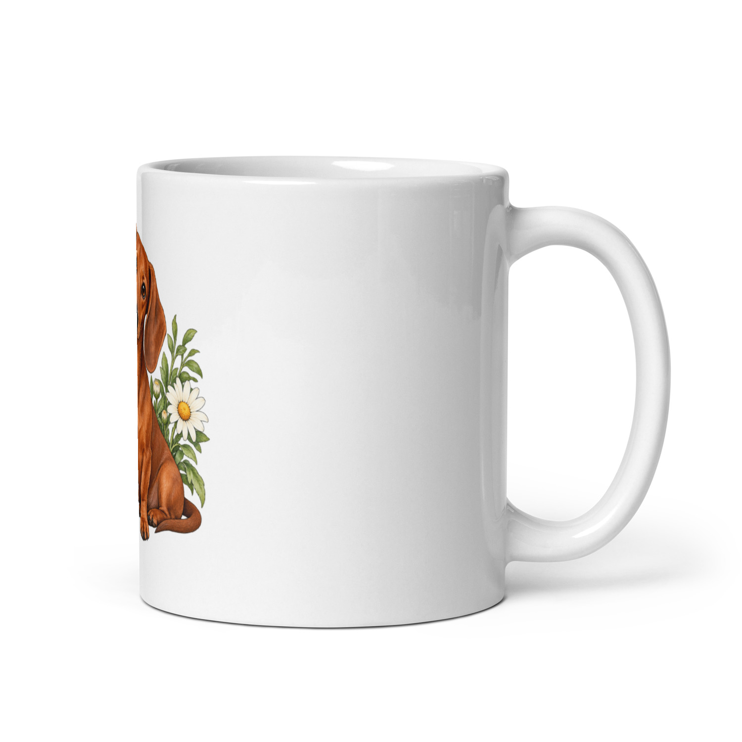 White ceramic mug showing a dachshund beside a flower pot; full mug and handle view