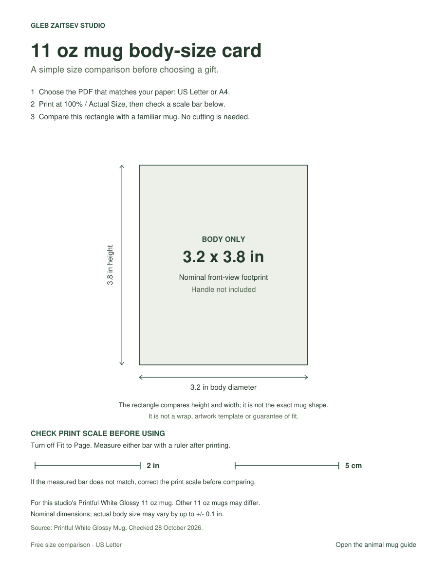 Preview of the free mug body-size card, with a nominal 3.2 by 3.8 inch rectangle and two print-scale control bars