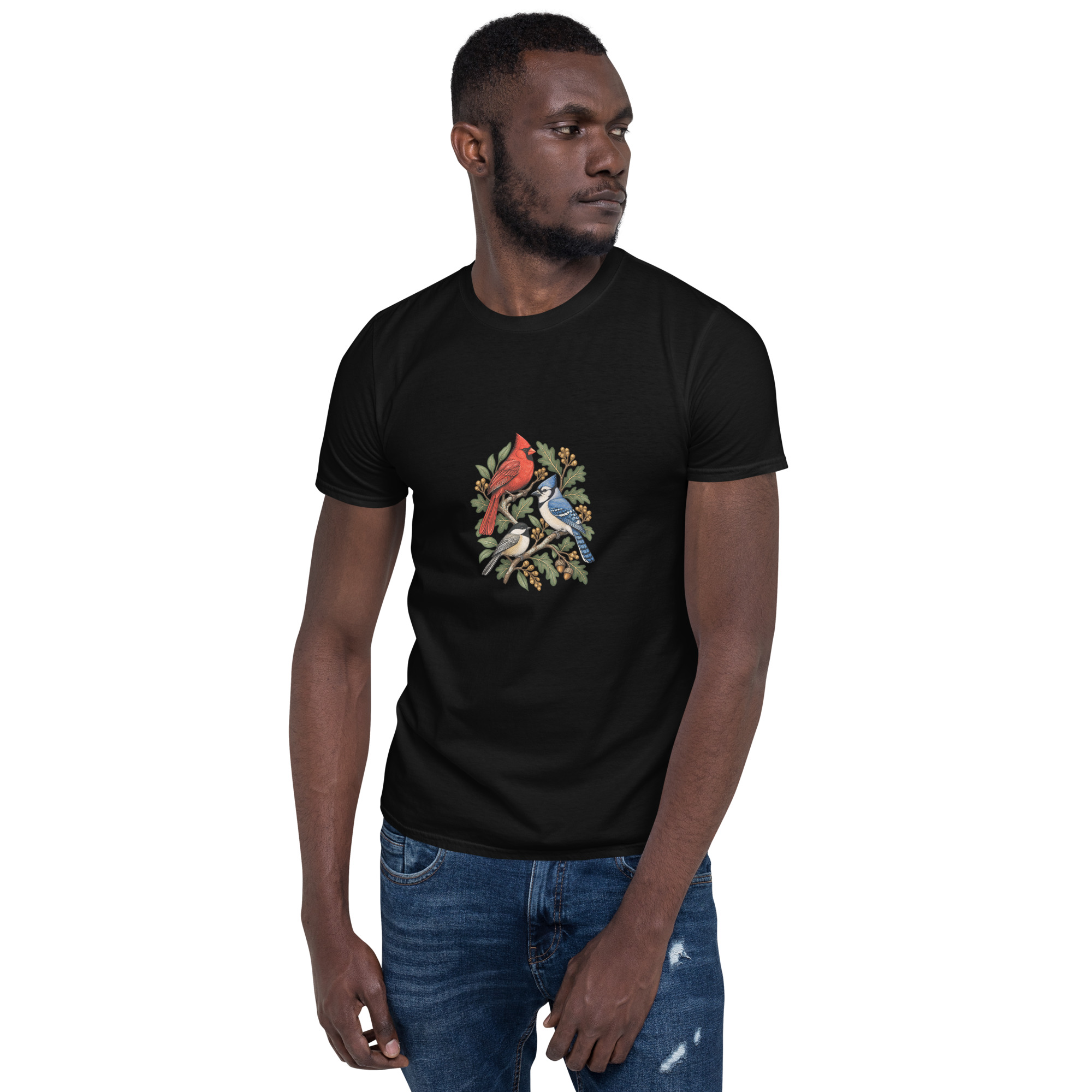 Printful digital front-view mockup of the black Birdwatching T-shirt on a model, showing the cardinal, blue jay and chickadee print.