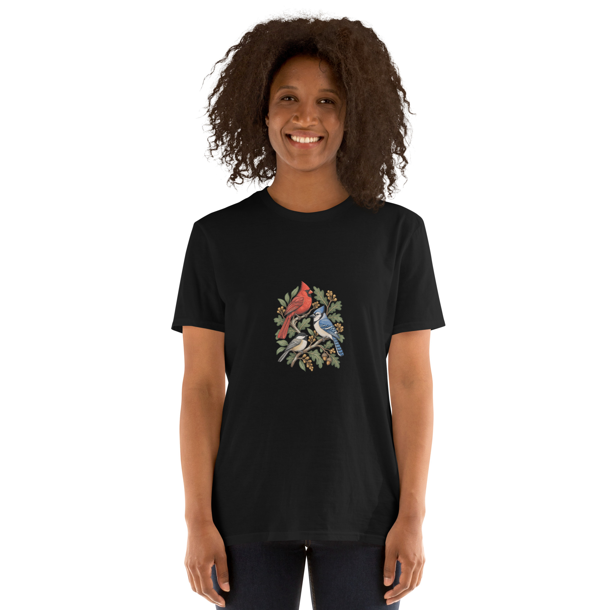 The same black Birdwatching T-shirt and three-bird illustration on a second model in a Printful digital mockup.