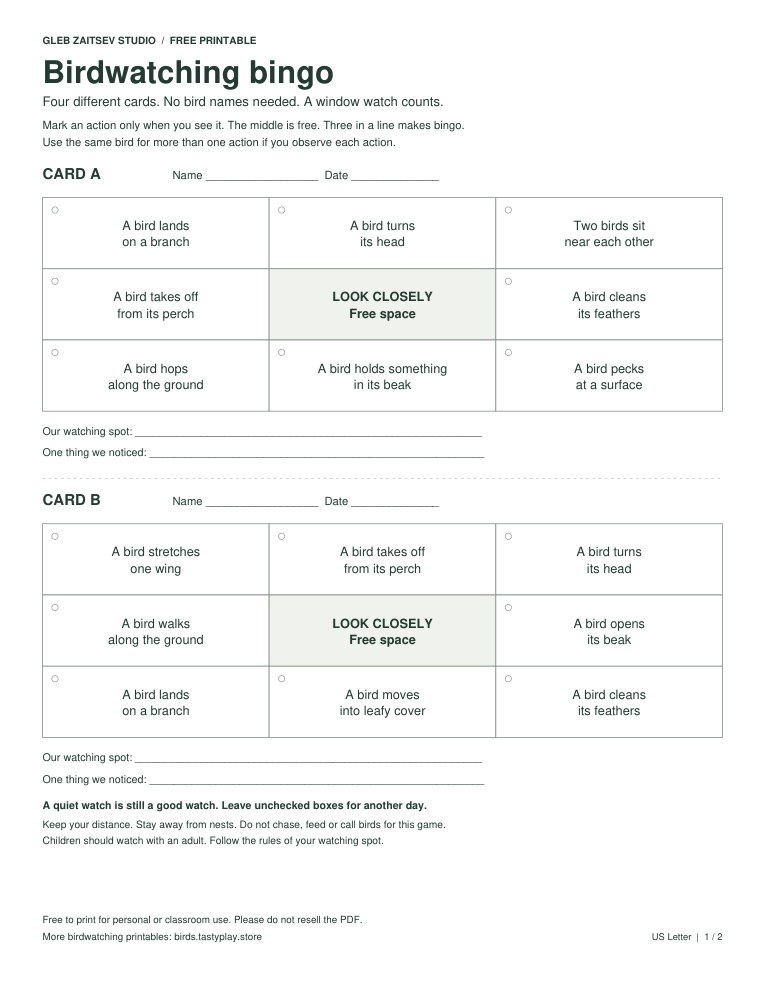 Preview of bingo cards A and B, each with eight bird-action prompts and a free middle square. The PDF also includes cards C and D.