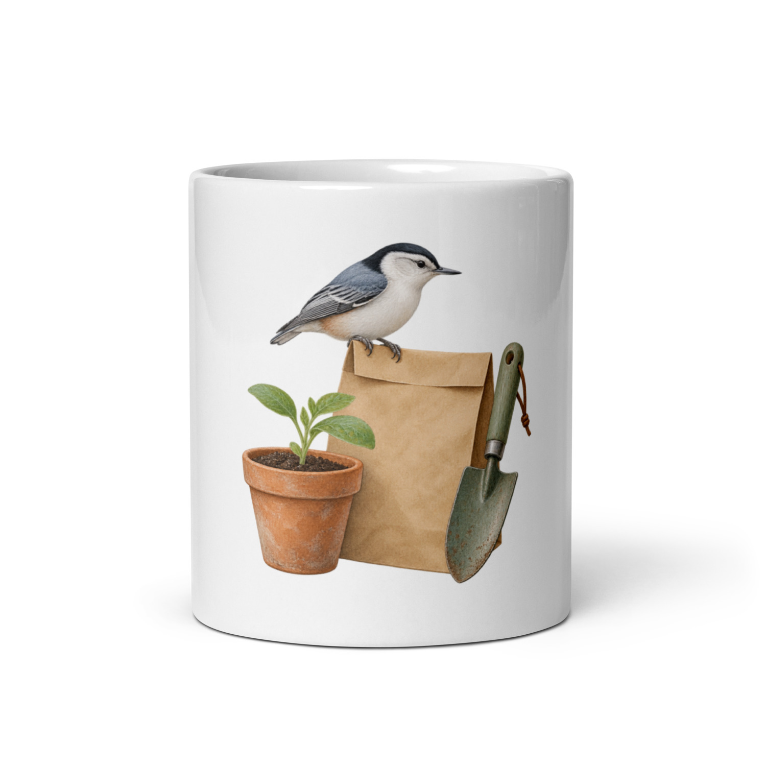Digital mockup of Nuthatch Garden Mug 11 oz - Bird Lover and Gardener Seed Packet Gift