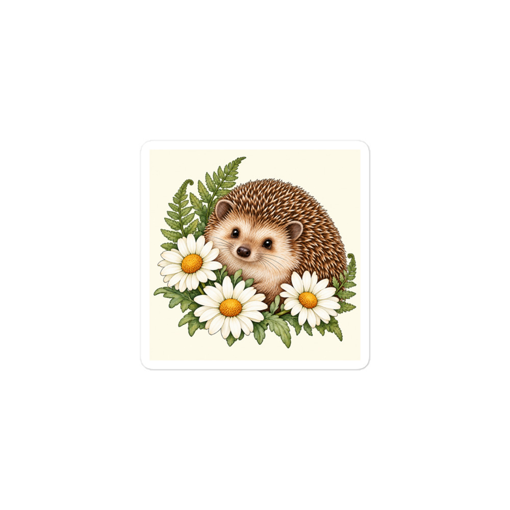 Hedgehog Daisy Square Vinyl Sticker 3x3 in - Garden Animal Gift